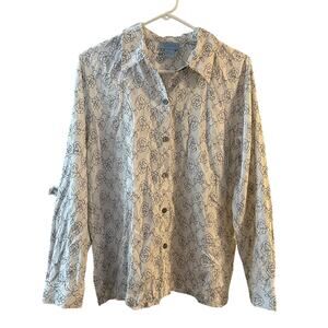 So Blue Ingrid Olsen White Black Floral Embroidered Button Up Blouse Size Large